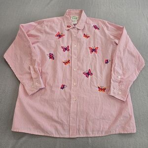 The Quacker Factory Pink Striped Butterfly Embroidered Button Down Shirt Large